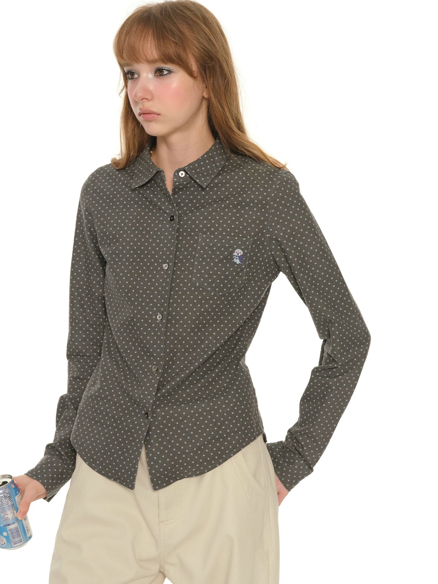 Heavy Industry Embroidery Owl Polka Dot Shirt Women's Autumn Retro Shoulder Polo Collar Long Sleeve Shirt