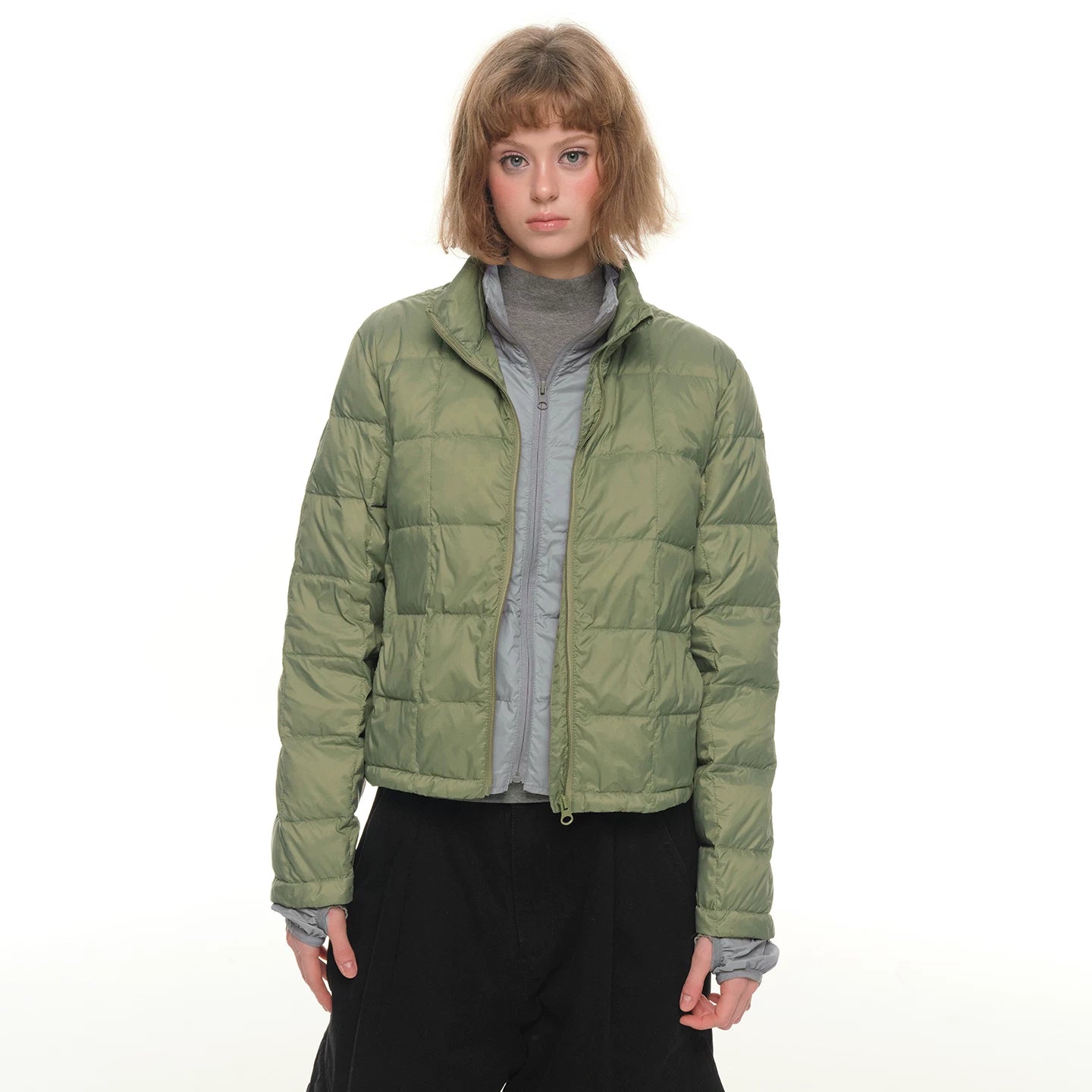 Green fake two-piece light and thin short down jacket women's winter double-layer warm contrasting color stand-up collar jacket