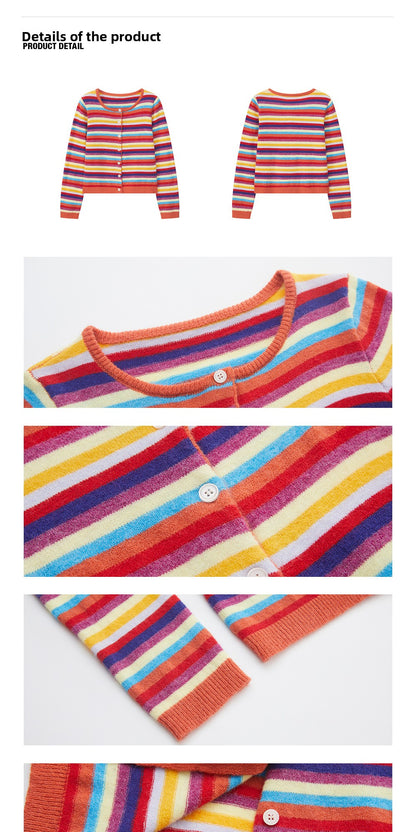 Rainbow Dopamine, Striped Long Sleeve Sweater Women's Spring and Autumn Temperament American Short Knitted Sweater Top