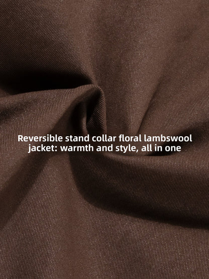 Front and back two wear stand-up collar lamb wool coat women's winter retro printing warm cotton jacket top