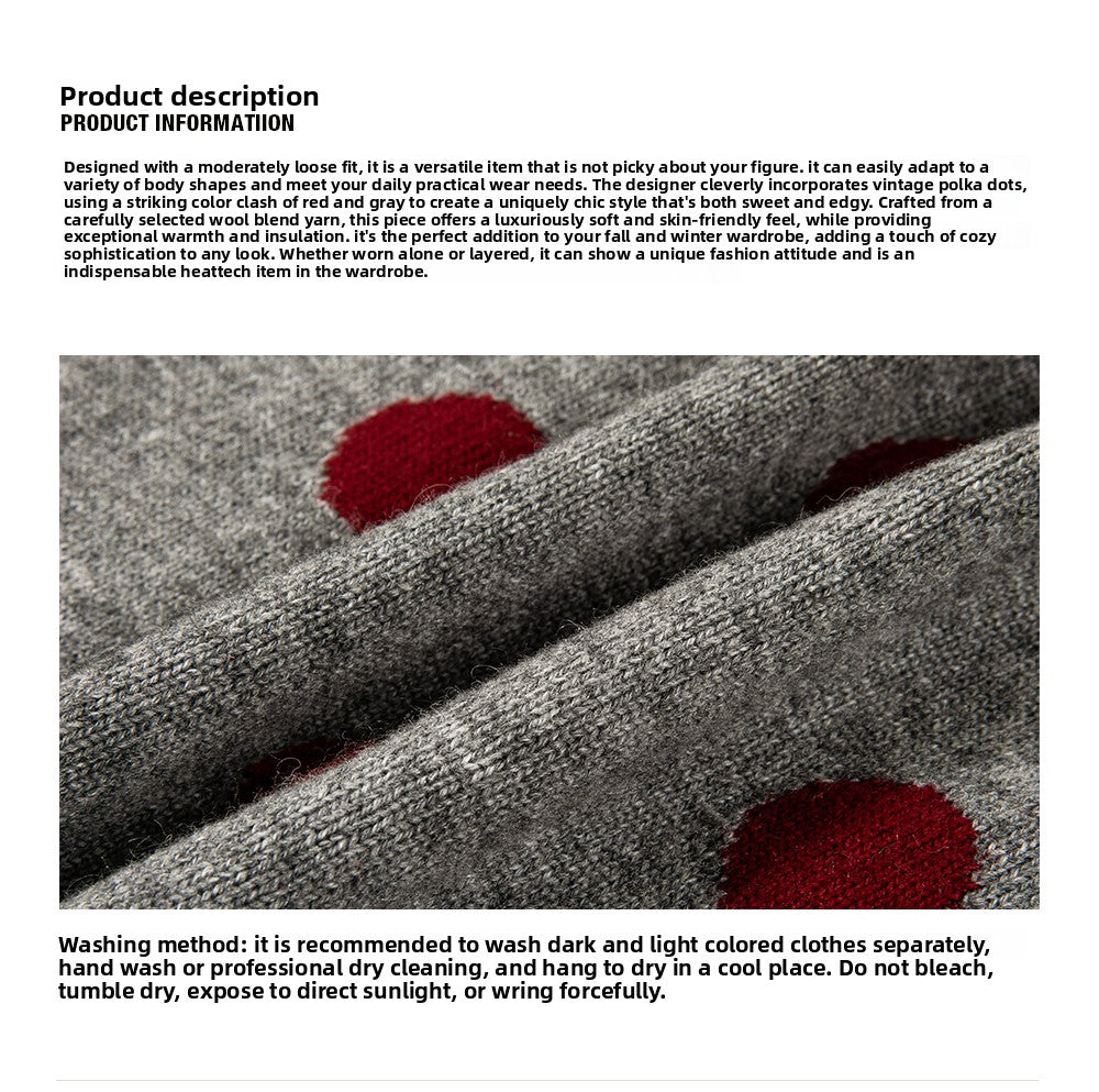 Retro contrasting color polka dot wool sweater women's spring and autumn new round neck loose sweet cool knitted sweater