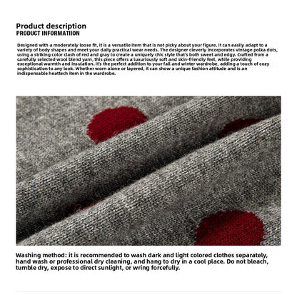 Retro contrasting color polka dot wool sweater women's spring and autumn new round neck loose sweet cool knitted sweater