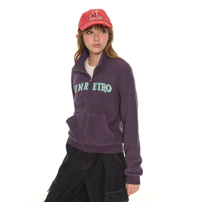 American retro embroidered stand-up collar short purple sweater women's spring and autumn new zipper slim jacket