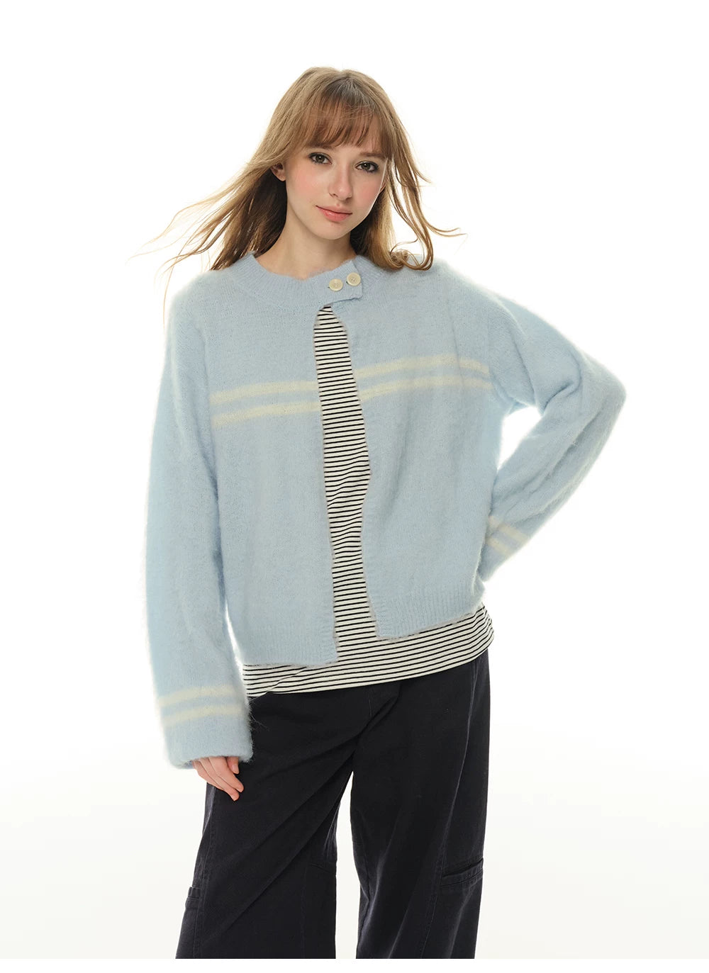 Heartbeat Theater Wool/blend warm and soft waxy blue cardigan sweater women's lazy knitted top