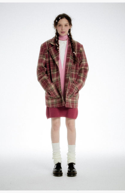 Plaid Wool Blazer - Red