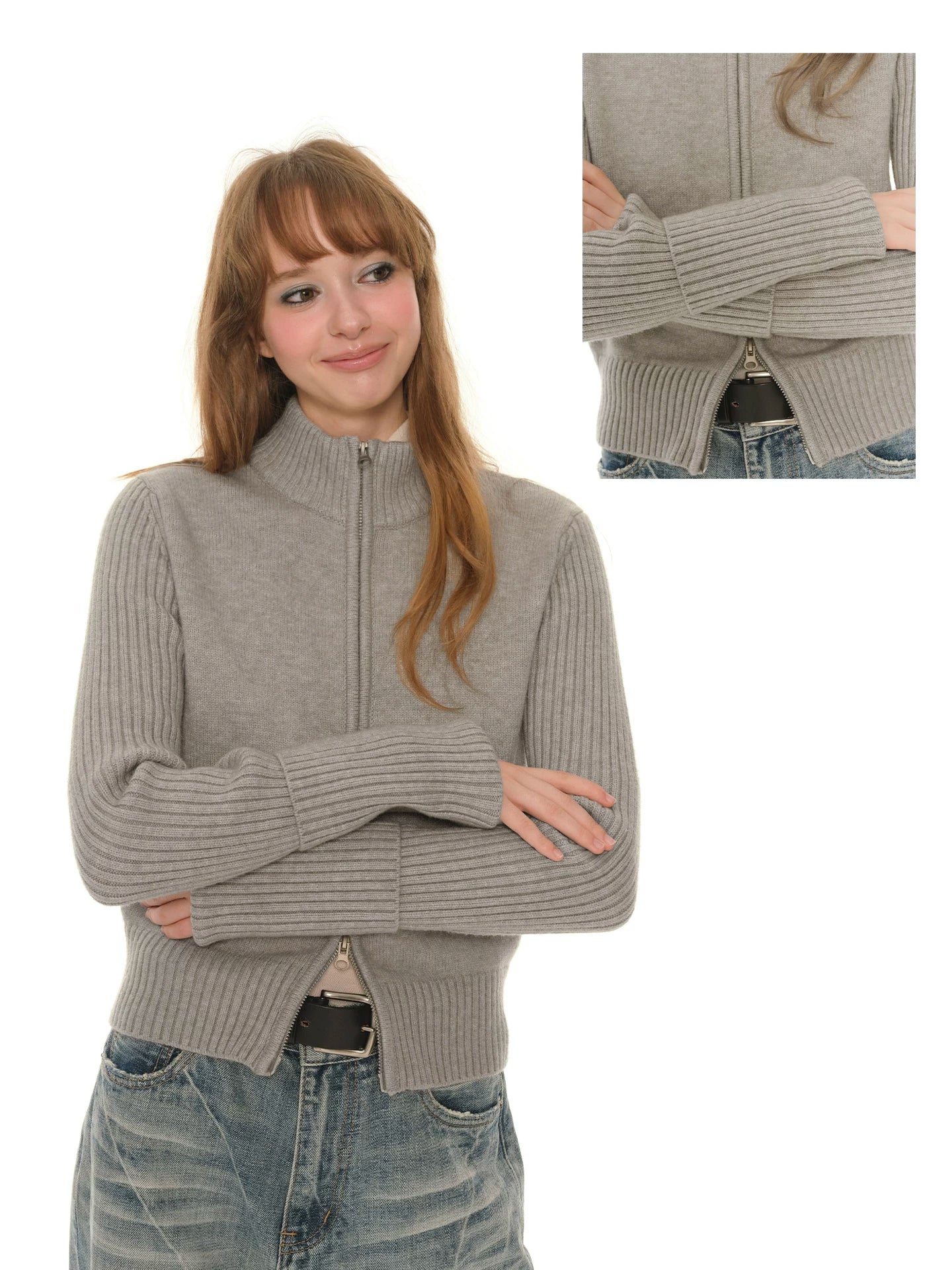 Gray knitted jacket women's short winter new slim-fitting and thin long-sleeved top with cardigan