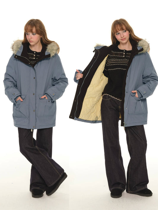 Retro big fur collar cotton clothes women's winter thickened warm jacket top American tooling pie overcome