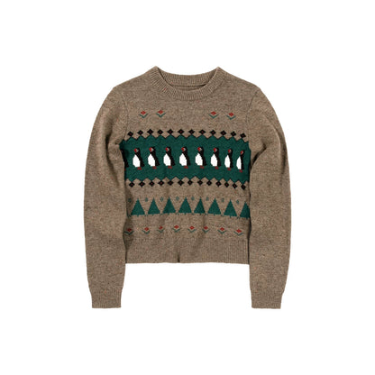 Wool Blended Coffee Jacquard Crew Neck Slim-Fit Knitted Sweater Women's Autumn New Fair Island Sweater