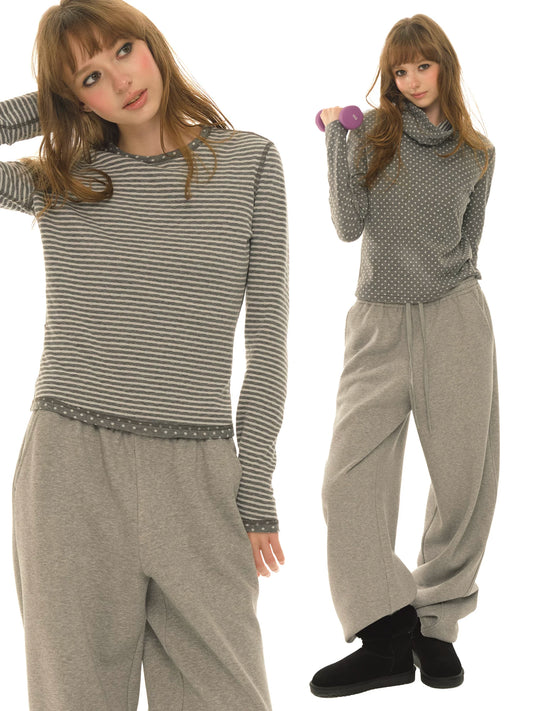 Double-sided retro polka dot bottoming shirt women's gray long-sleeved T-shirt top