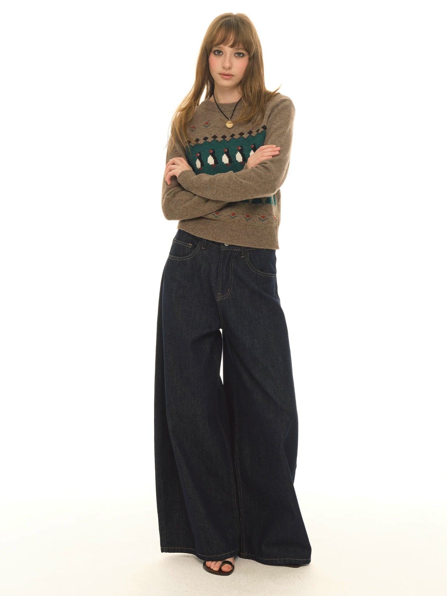 Wool Blended Coffee Jacquard Crew Neck Slim-Fit Knitted Sweater Women's Autumn New Fair Island Sweater