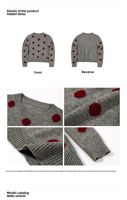 Retro contrasting color polka dot wool sweater women's spring and autumn new round neck loose sweet cool knitted sweater