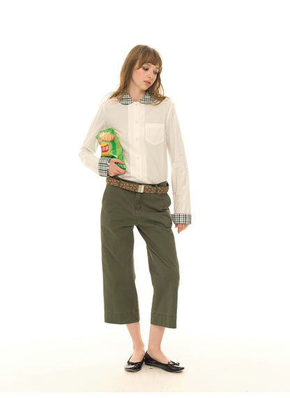 Retro military green straight slim cropped cargo pants, versatile casual wide-leg pants