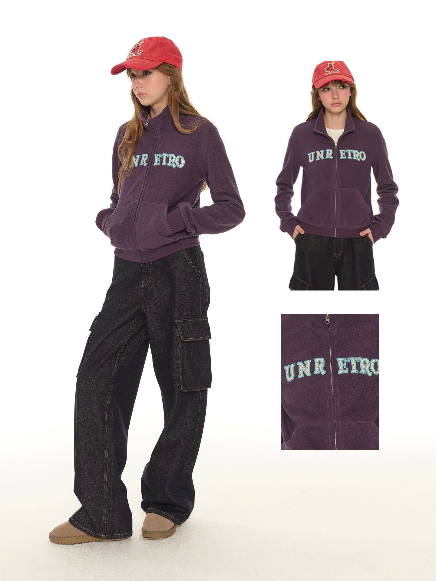 American retro embroidered stand-up collar short purple sweater women's spring and autumn new zipper slim jacket