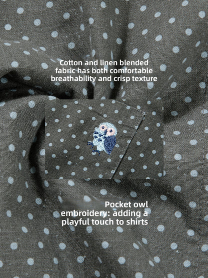 Heavy Industry Embroidery Owl Polka Dot Shirt Women's Autumn Retro Shoulder Polo Collar Long Sleeve Shirt