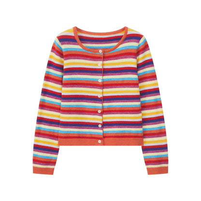Rainbow Dopamine, Striped Long Sleeve Sweater Women's Spring and Autumn Temperament American Short Knitted Sweater Top