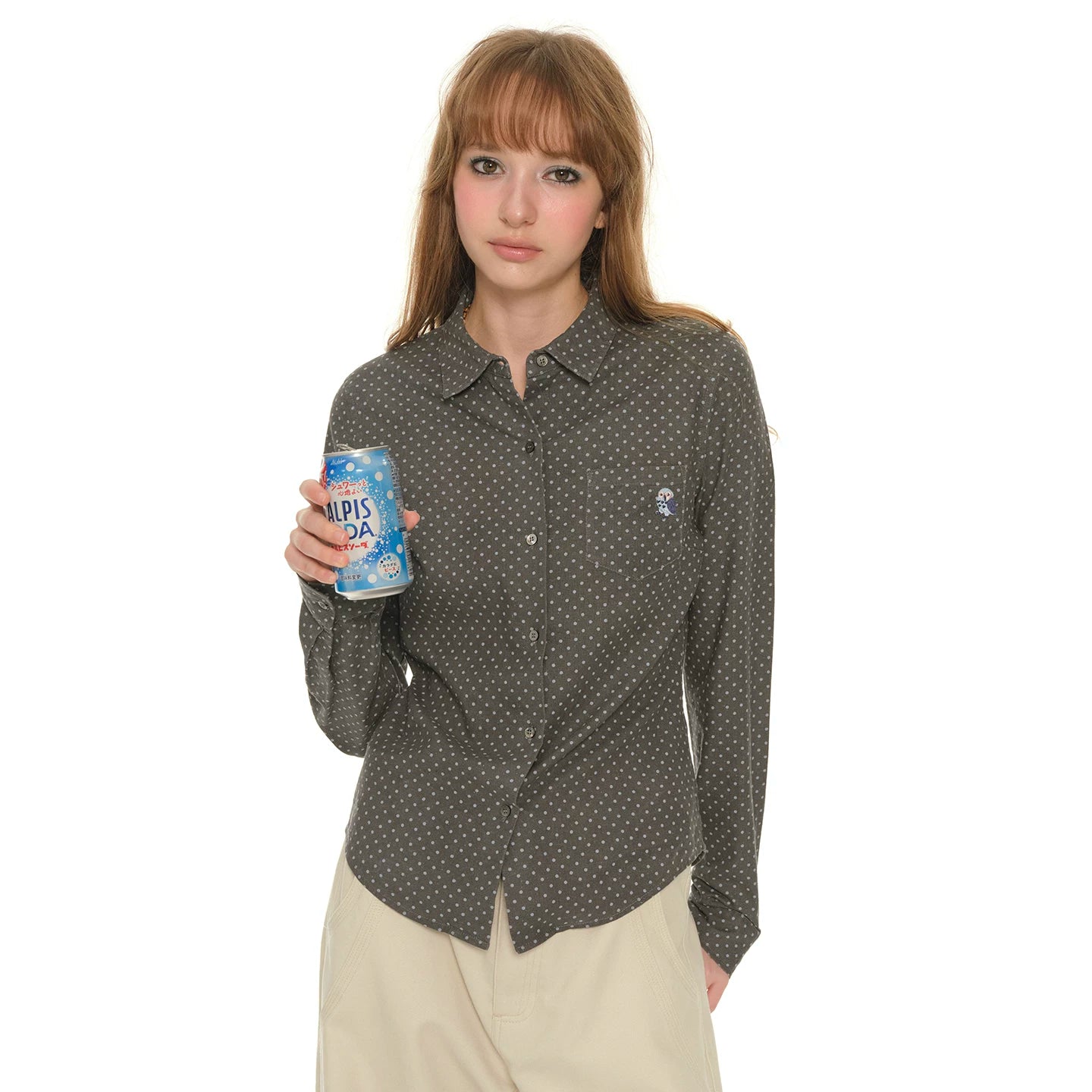 Heavy Industry Embroidery Owl Polka Dot Shirt Women's Autumn Retro Shoulder Polo Collar Long Sleeve Shirt