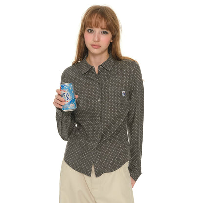 Heavy Industry Embroidery Owl Polka Dot Shirt Women's Autumn Retro Shoulder Polo Collar Long Sleeve Shirt