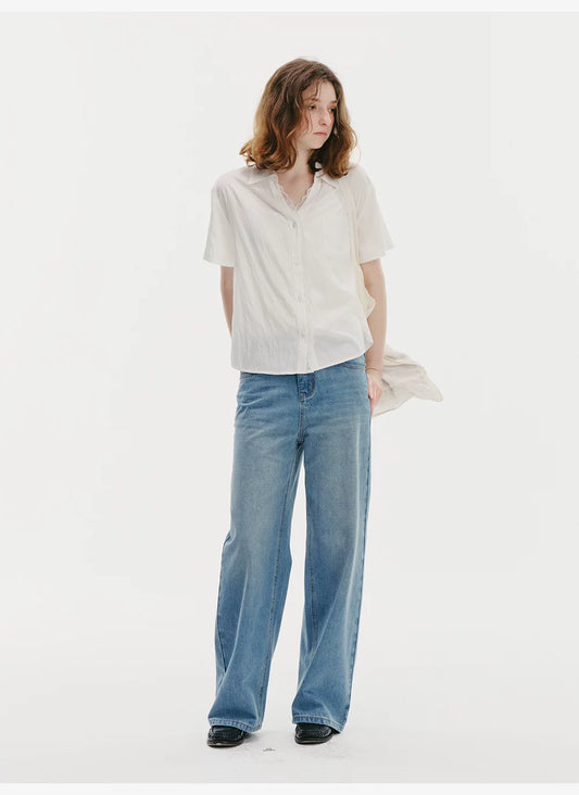 Cross-Texture Washed Jeans - White