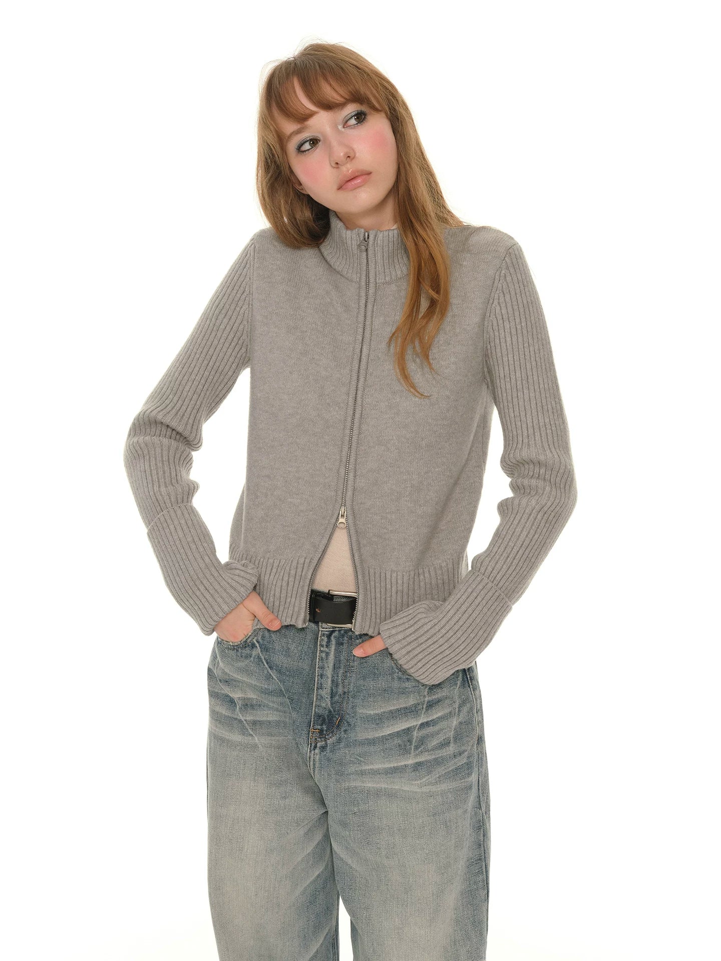 Gray knitted jacket women's short winter new slim-fitting and thin long-sleeved top with cardigan