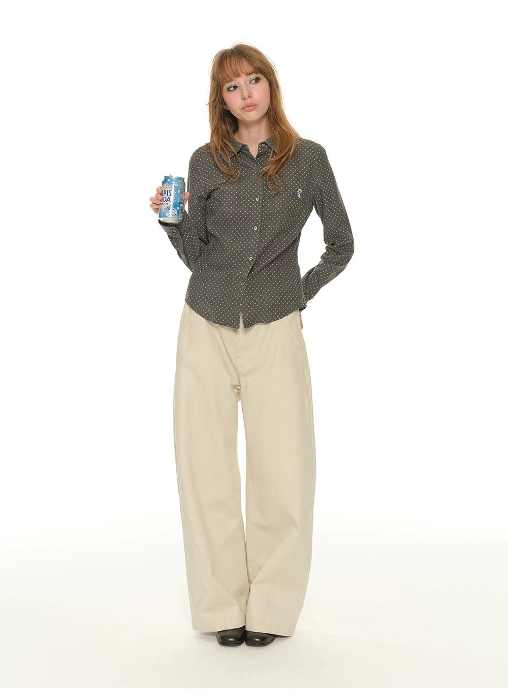 Heavy Industry Embroidery Owl Polka Dot Shirt Women's Autumn Retro Shoulder Polo Collar Long Sleeve Shirt