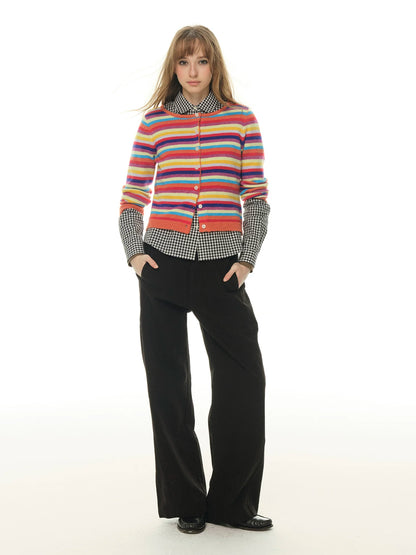 Rainbow Dopamine, Striped Long Sleeve Sweater Women's Spring and Autumn Temperament American Short Knitted Sweater Top