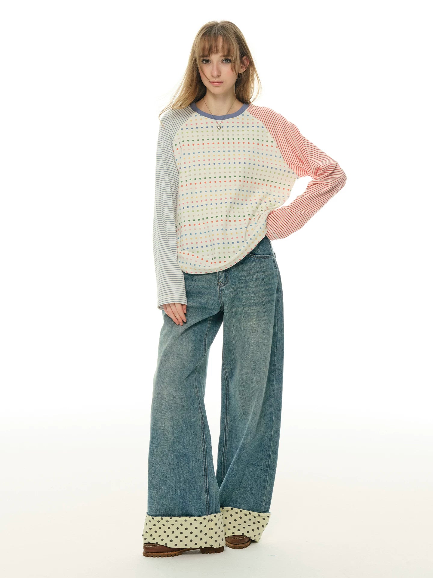 Polka dot girl red and blue contrasting color round neck splicing T-shirt women's spring and autumn long-sleeved striped personalized loose top