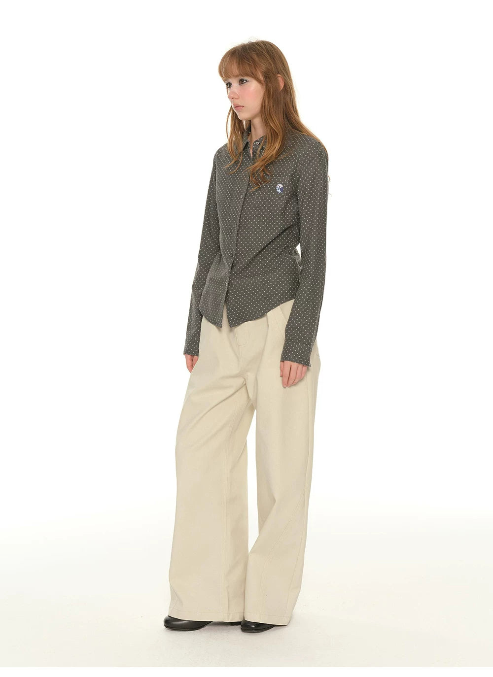 Heavy Industry Embroidery Owl Polka Dot Shirt Women's Autumn Retro Shoulder Polo Collar Long Sleeve Shirt