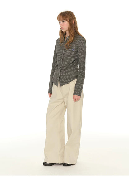 Heavy Industry Embroidery Owl Polka Dot Shirt Women's Autumn Retro Shoulder Polo Collar Long Sleeve Shirt