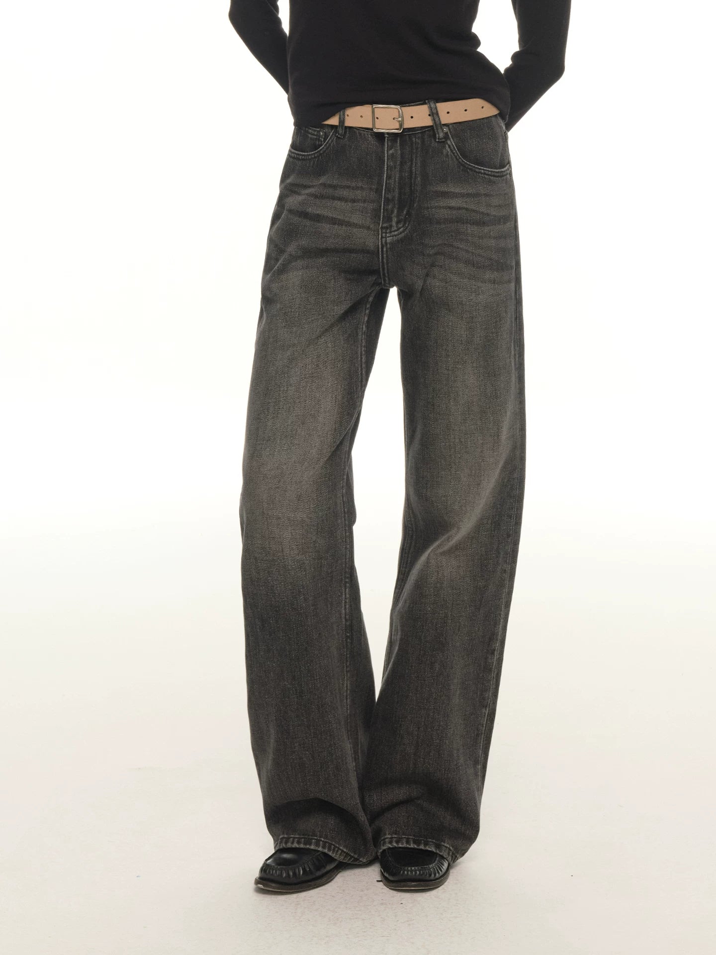 American retro washed old jeans women's winter high waist loose wide legs slightly pull casual pants