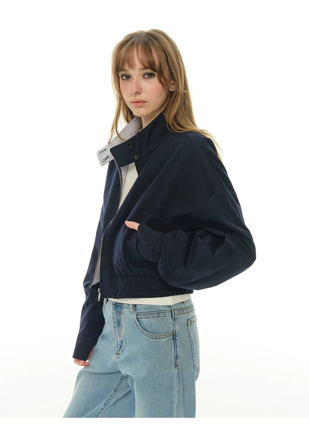 Double-sided short jacket women's spring and autumn stand-up collar small long-sleeved tooling jacket