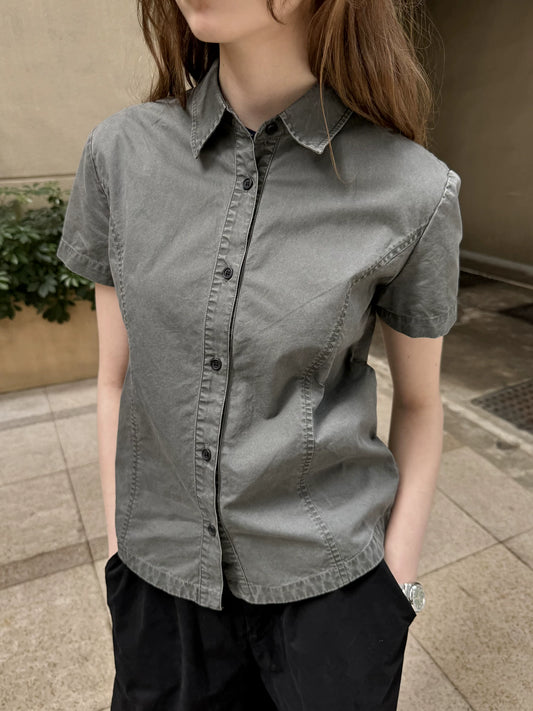 American retro washed old sweet and spicy girl short slim-fit front shoulder short-sleeved shirt