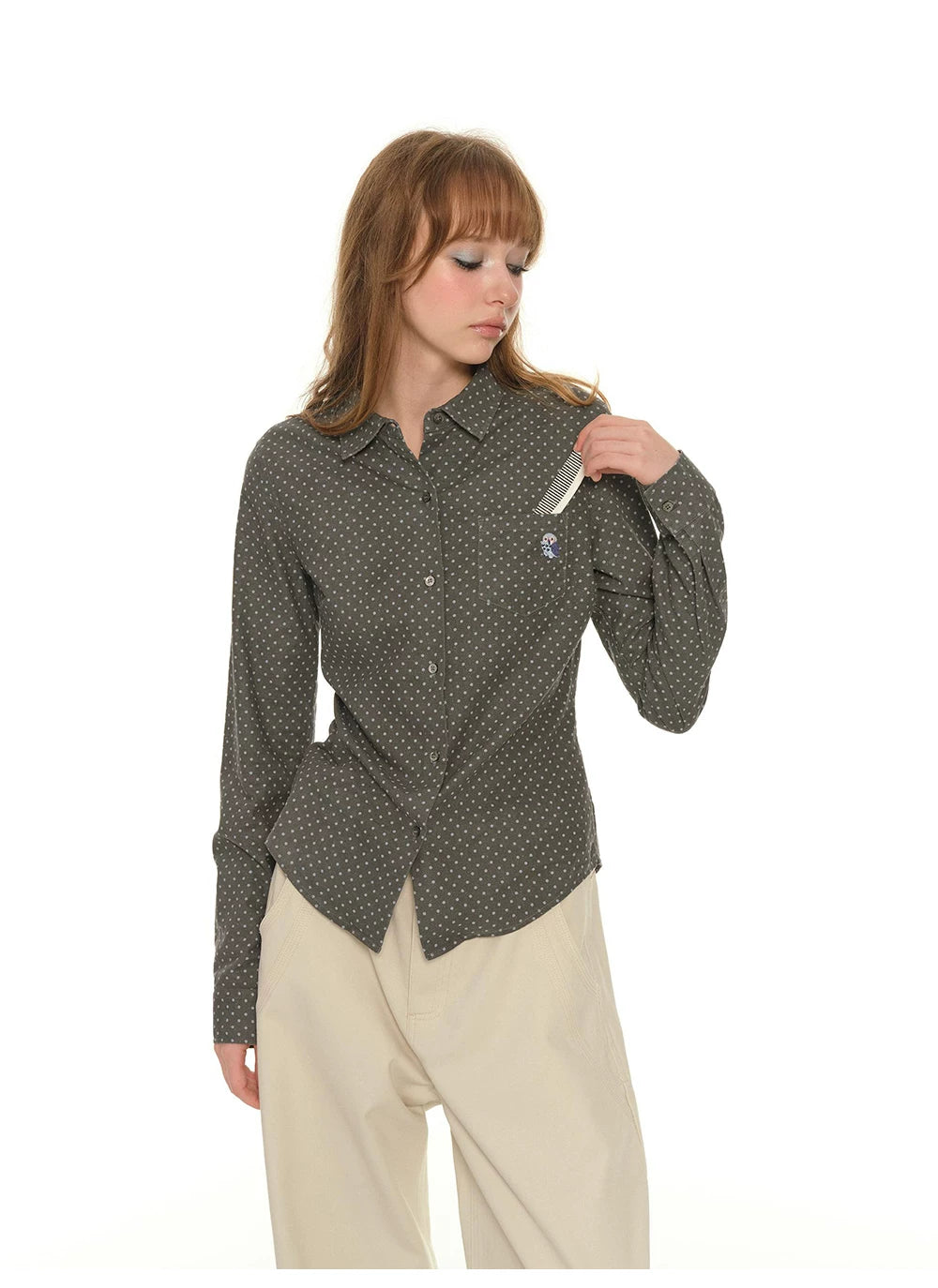 Heavy Industry Embroidery Owl Polka Dot Shirt Women's Autumn Retro Shoulder Polo Collar Long Sleeve Shirt