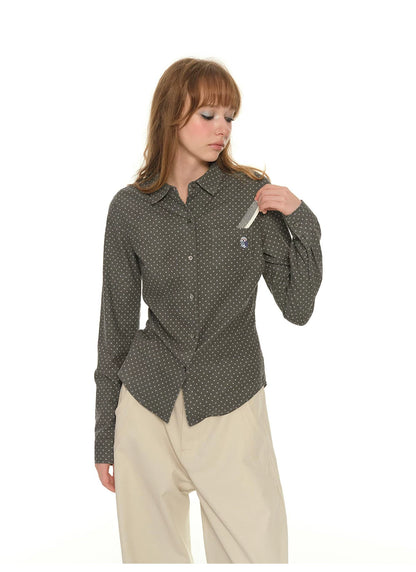 Heavy Industry Embroidery Owl Polka Dot Shirt Women's Autumn Retro Shoulder Polo Collar Long Sleeve Shirt