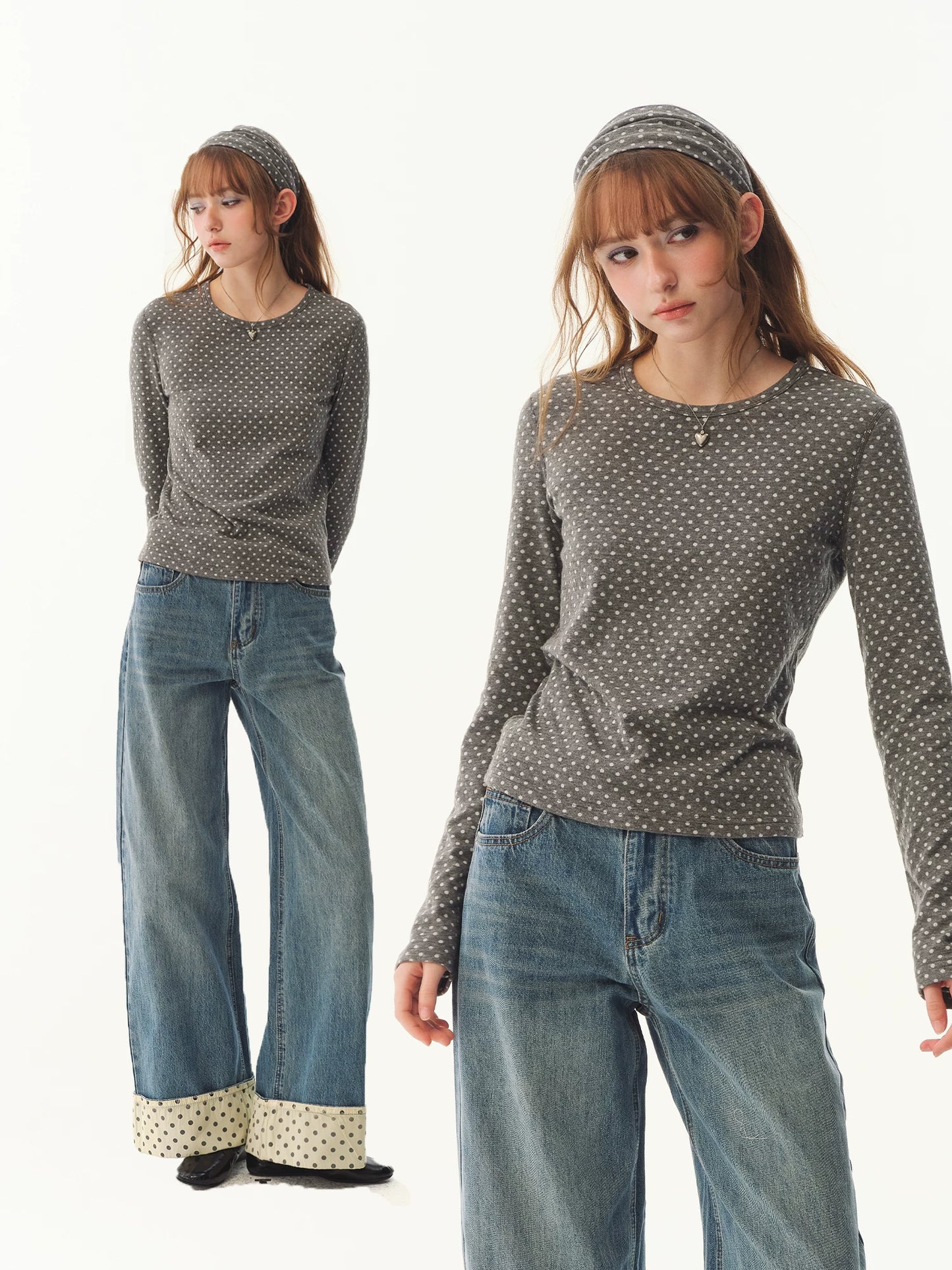 Polka Dot Long-Sleeve Top - Gray