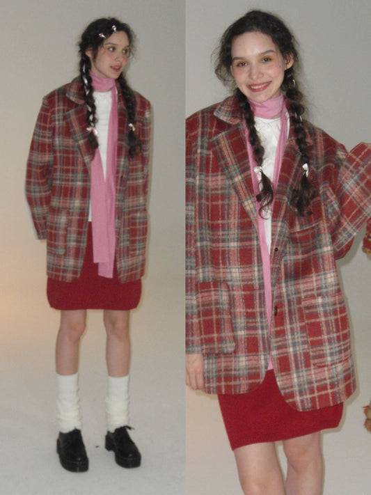 Vintage red plaid woolen blazer women's loose British style small suit