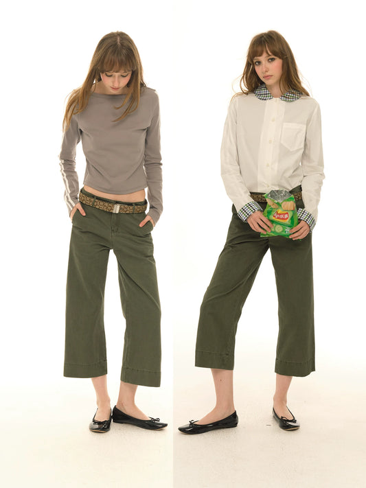 Retro military green straight slim cropped cargo pants, versatile casual wide-leg pants