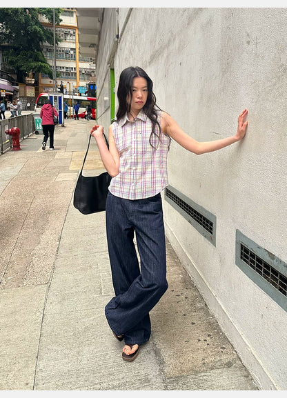 Bubble wrinkle texture retro plaid sleeveless shirt Spice Girl slim-fit short shirt