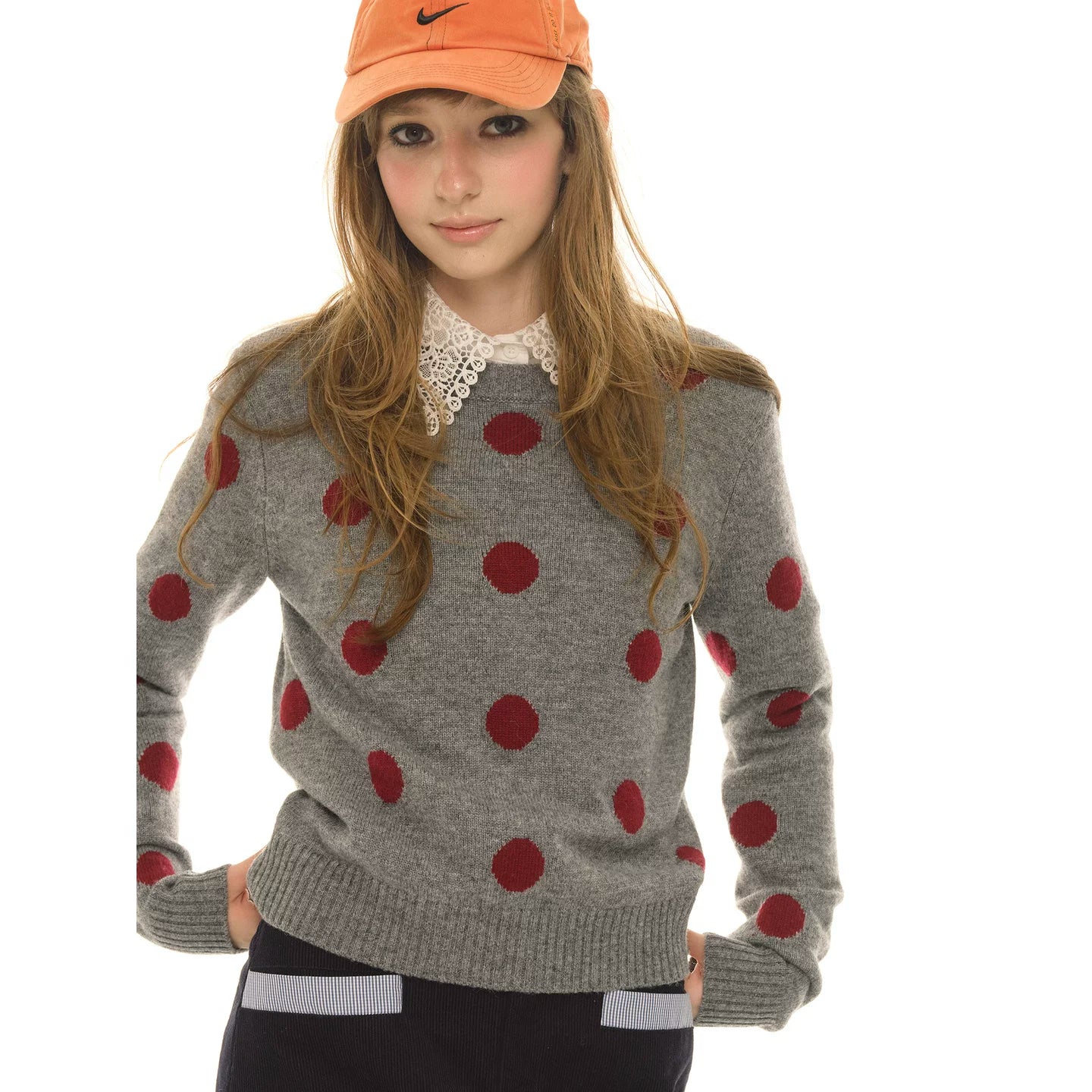 Retro contrasting color polka dot wool sweater women's spring and autumn new round neck loose sweet cool knitted sweater