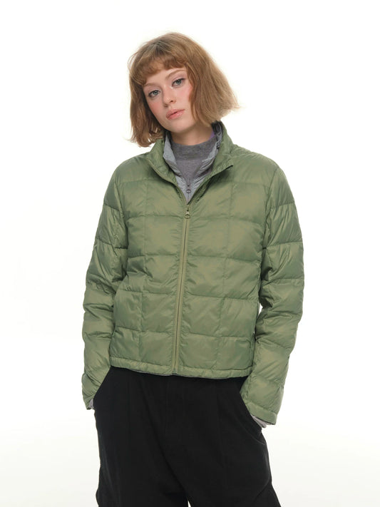 Green fake two-piece light and thin short down jacket women's winter double-layer warm contrasting color stand-up collar jacket
