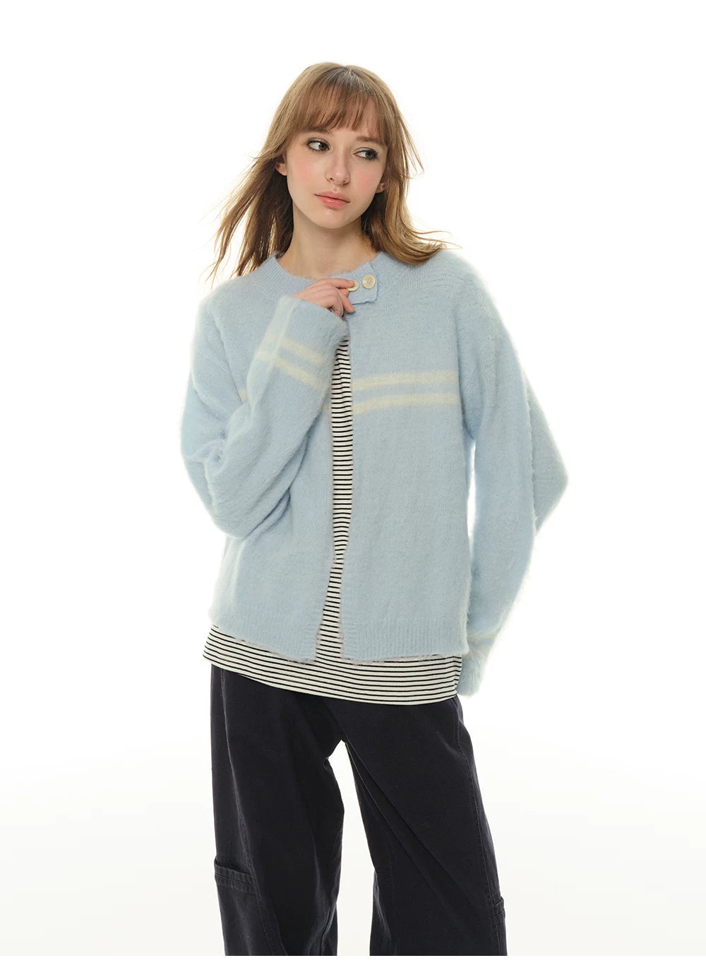 Heartbeat Theater Wool/blend warm and soft waxy blue cardigan sweater women's lazy knitted top