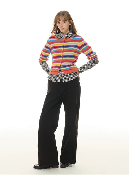 Rainbow Dopamine, Striped Long Sleeve Sweater Women's Spring and Autumn Temperament American Short Knitted Sweater Top