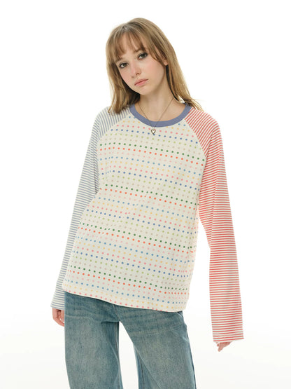 Polka dot girl red and blue contrasting color round neck splicing T-shirt women's spring and autumn long-sleeved striped personalized loose top