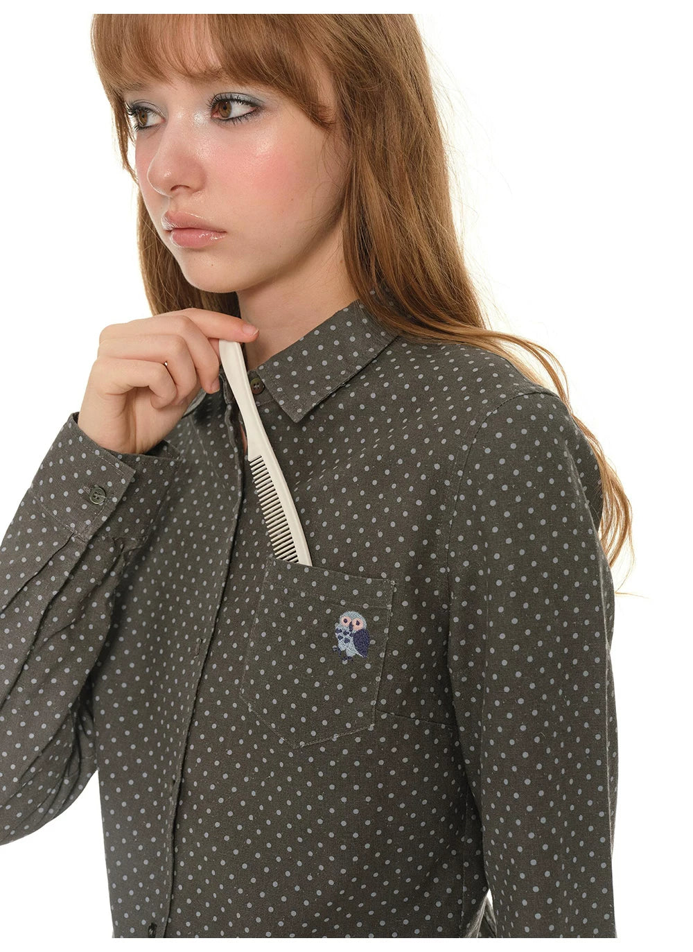 Heavy Industry Embroidery Owl Polka Dot Shirt Women's Autumn Retro Shoulder Polo Collar Long Sleeve Shirt