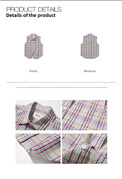 Bubble wrinkle texture retro plaid sleeveless shirt Spice Girl slim-fit short shirt