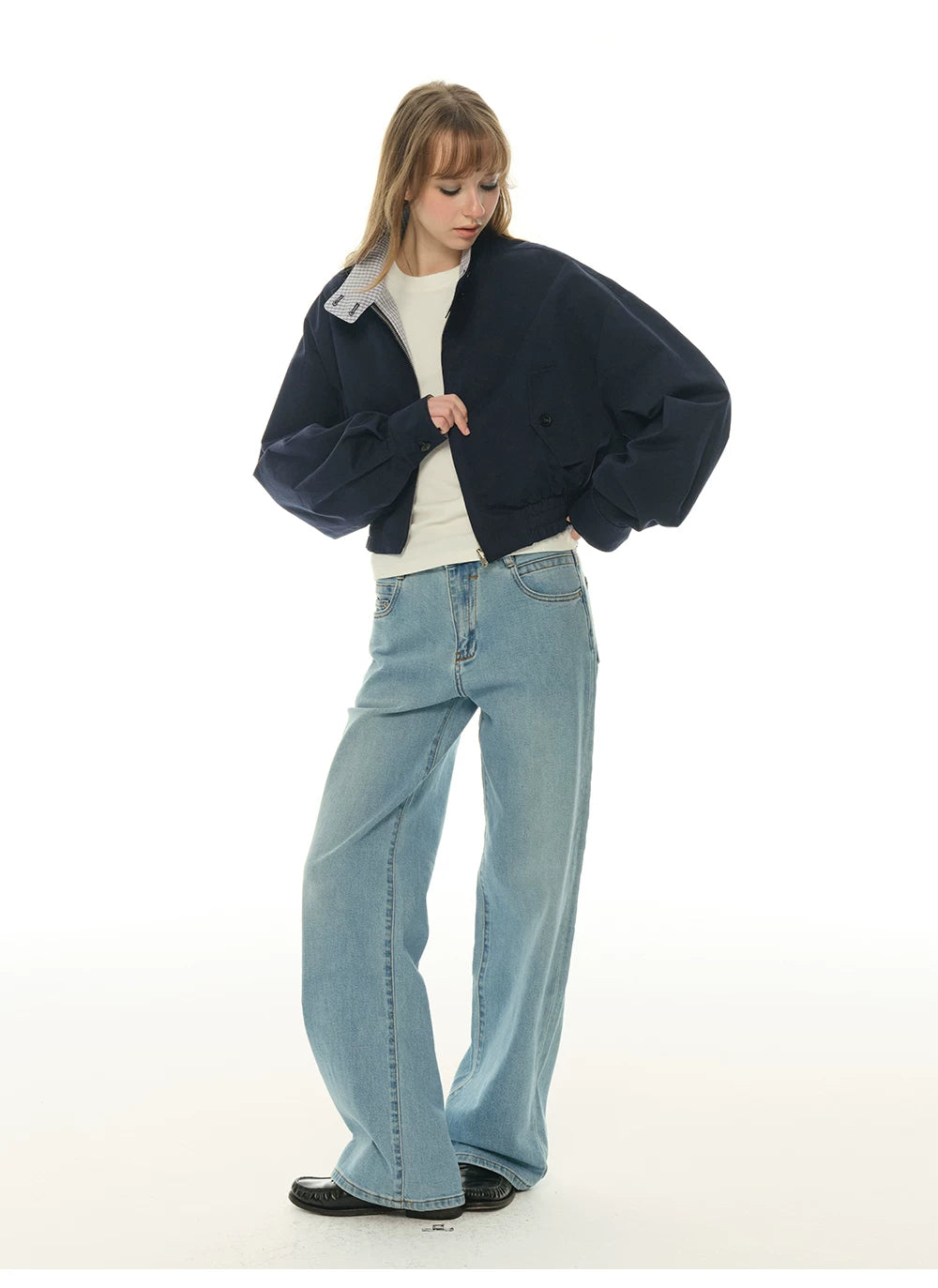 Double-sided short jacket women's spring and autumn stand-up collar small long-sleeved tooling jacket