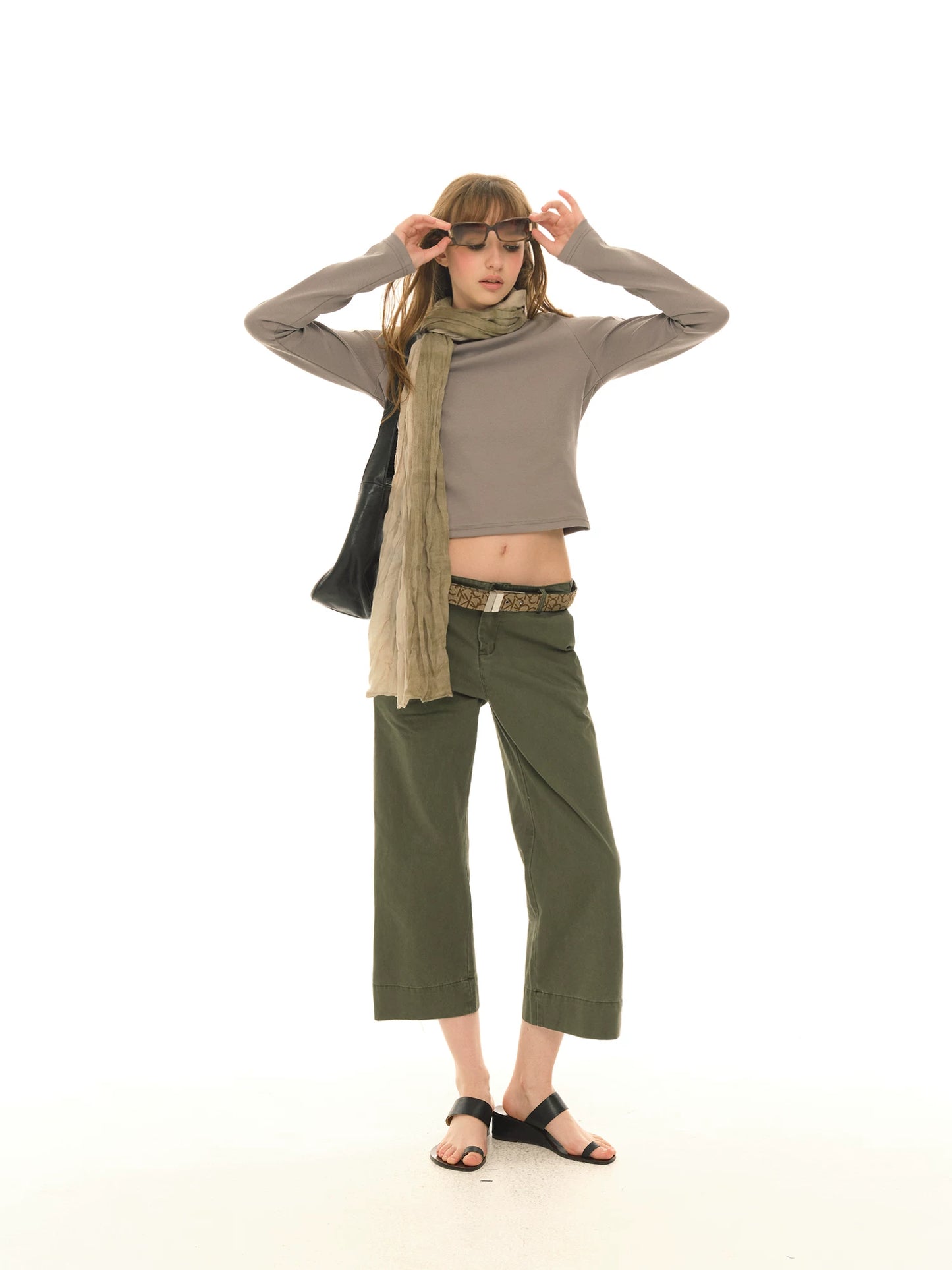 Retro military green straight slim cropped cargo pants, versatile casual wide-leg pants