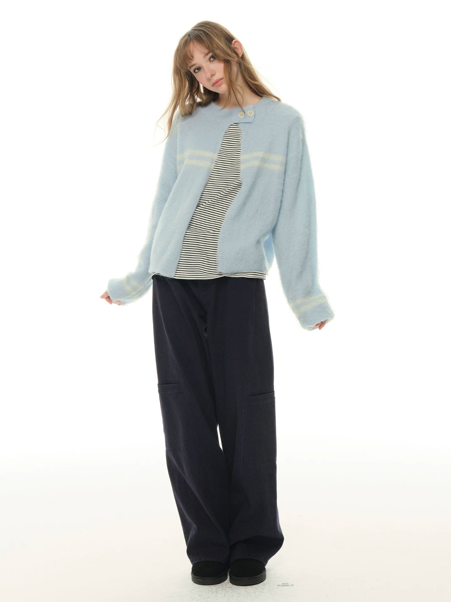 Heartbeat Theater Wool/blend warm and soft waxy blue cardigan sweater women's lazy knitted top