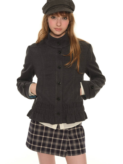 Retro stand-up collar, front shoulder slim-fitting waist woolen coat, women's spring and autumn new short small blazer