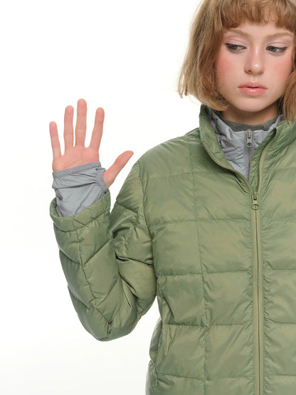 Green fake two-piece light and thin short down jacket women's winter double-layer warm contrasting color stand-up collar jacket