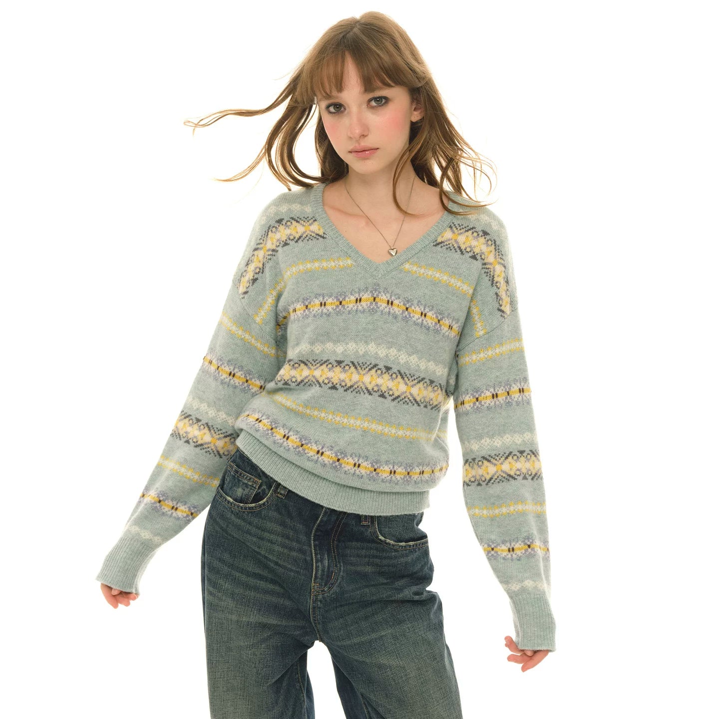 Wool Blended/Vintage Green Loose Lazy Sweater Fair Island Jacquard Inside Knitted Sweater Women
